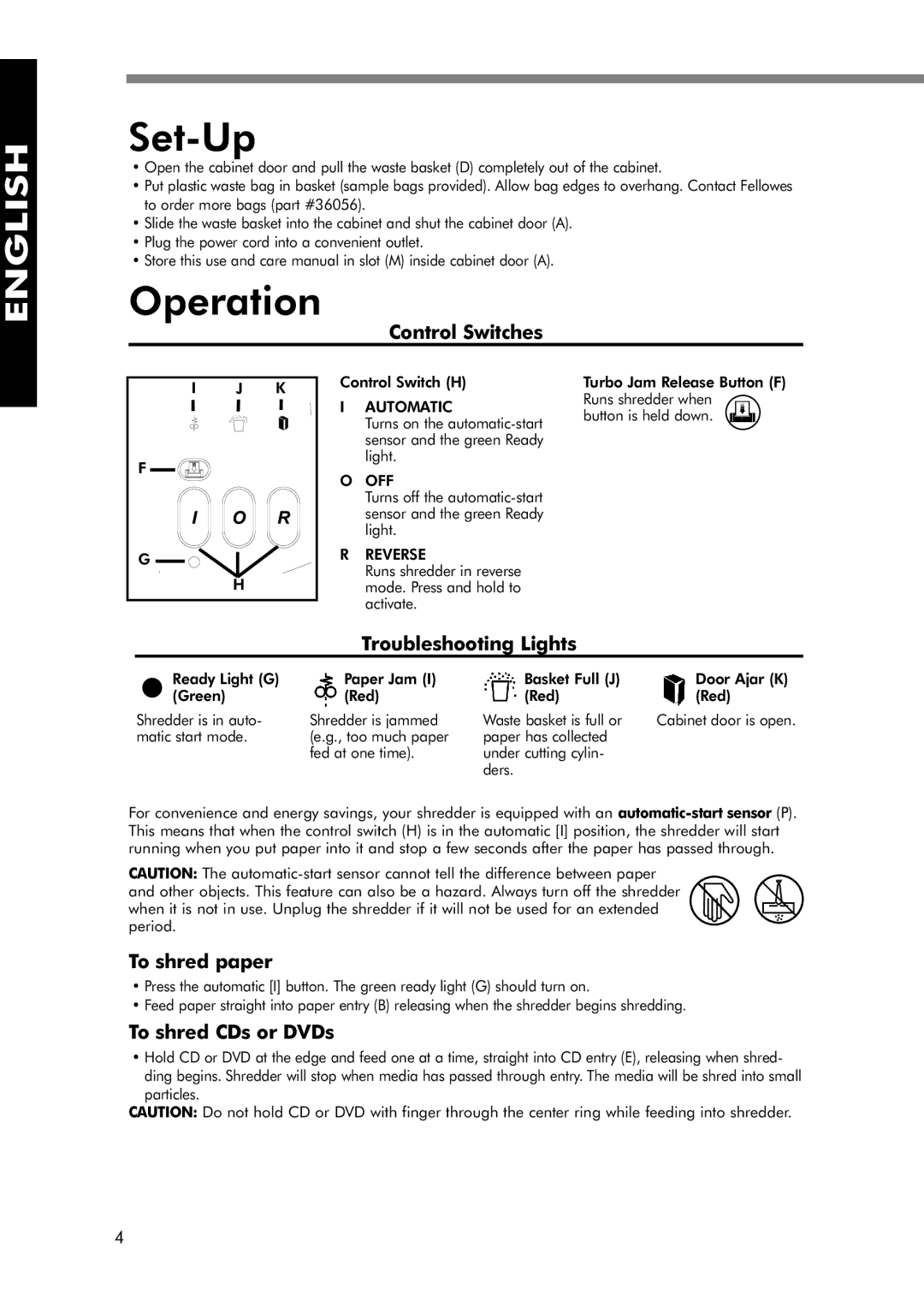 Fellowes 320-2 manual Set-Up, Operation 