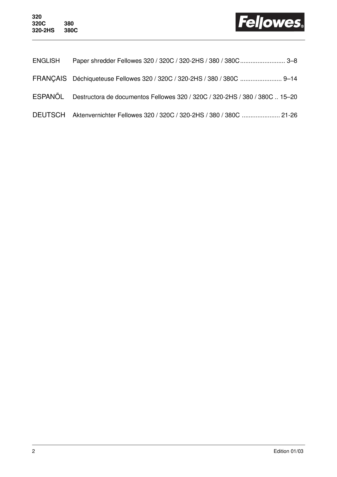 Fellowes 320, 320C, 320-2HS, 380, 380C manual Deutsch, 320 320C 380 320-2HS 380C Paper shredder 