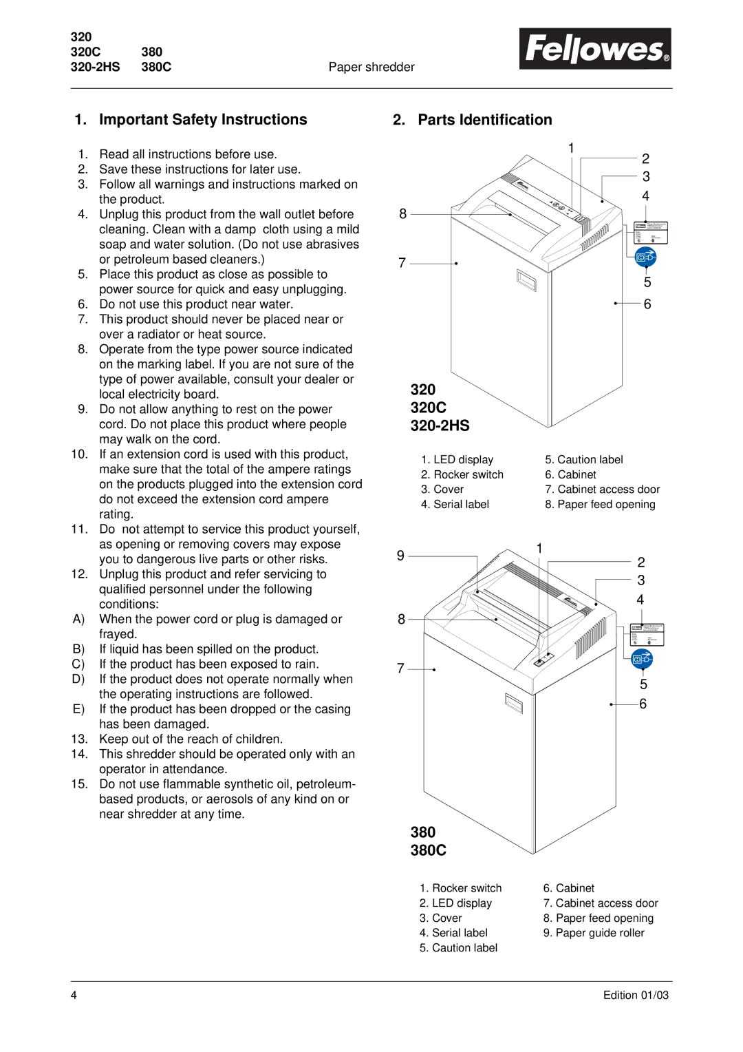 Fellowes 320, 320C, 320-2HS, 380, 380C Important Safety Instructions, Parts Identification, 320 320C 320-2HS, 380 380C 