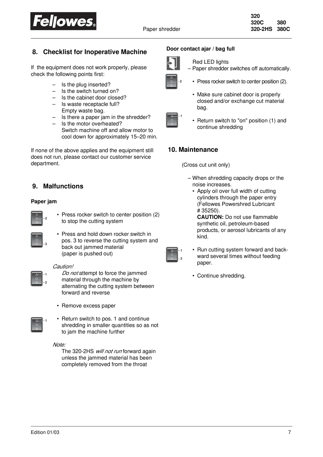 Fellowes 320, 320C, 320-2HS, 380, 380C, 320 320C Checklist for Inoperative Machine, Malfunctions, Maintenance, Paper jam 