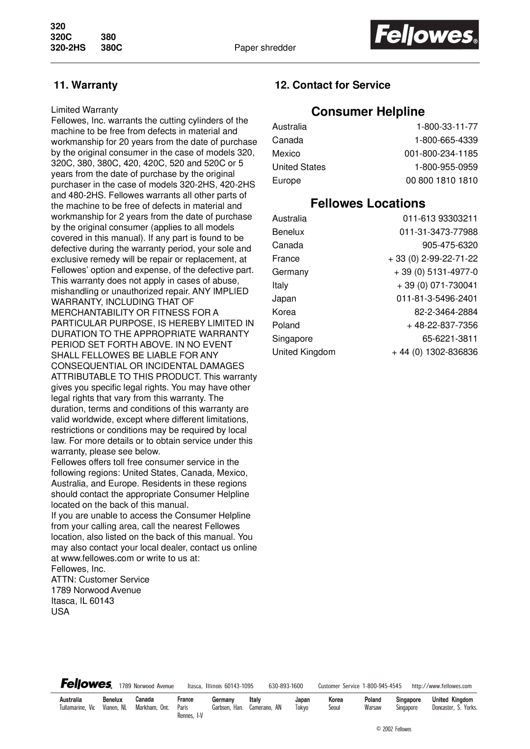 Fellowes 320 320C, 320, 320C, 320-2HS, 380, 380C manual Warranty, Contact for Service 