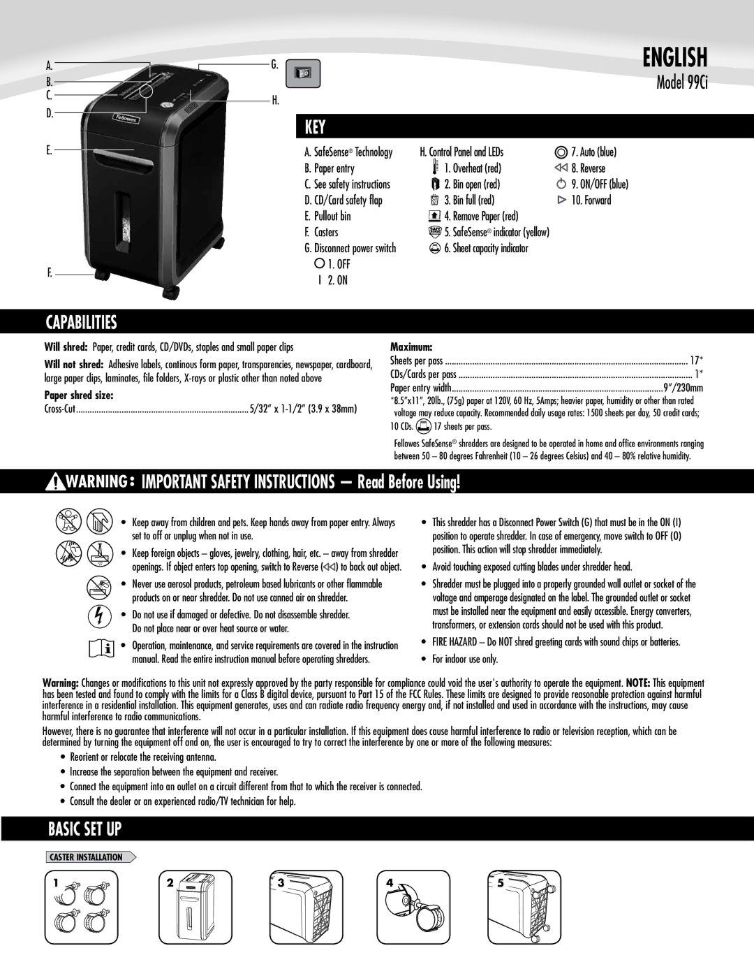 Fellowes 3229901 manual Capabilities, Key, IMPORTANT SAFETY INSTRUCTIONS Read Before Using, Basic SET UP 