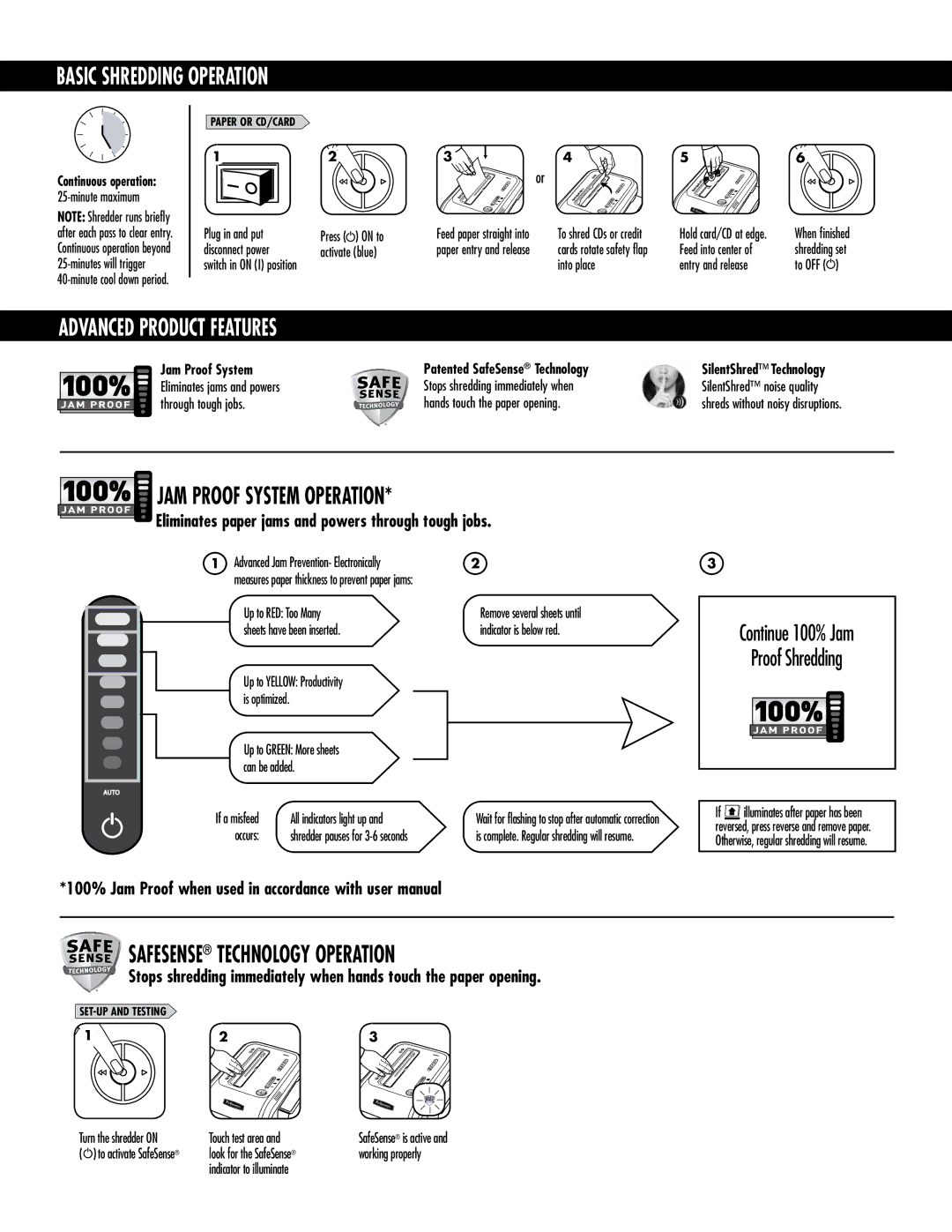 Fellowes 3229901 manual Basic Shredding Operation, Advanced product features, JAM Proof System Operation 