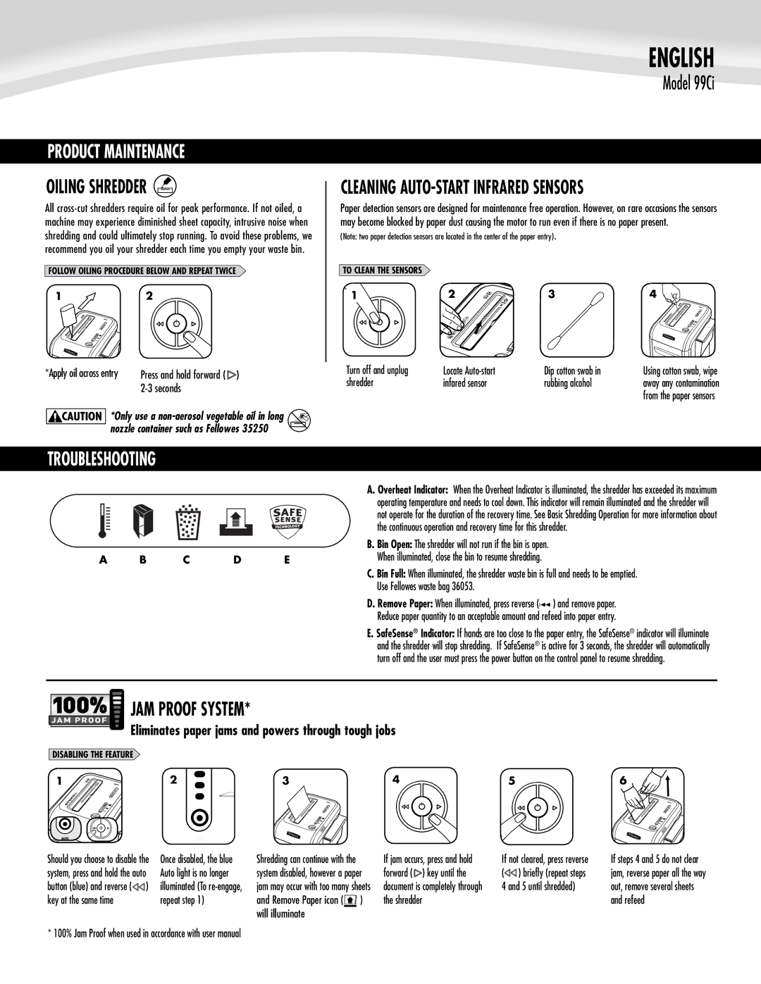 Fellowes 3229901 manual Product Maintenance, Oiling Shredder, Troubleshooting, JAM Proof System 