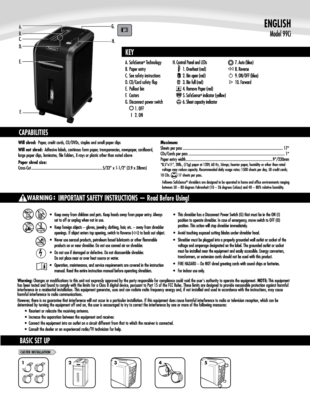 Fellowes 3229901 manual English, Capabilities, Model 99Ci, IMPORTANT SAFETY INSTRUCTIONS - Read Before Using, Basic Set Up 