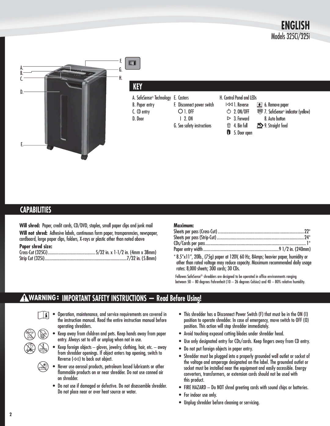 Fellowes 325Ci manual Key, Capabilities 