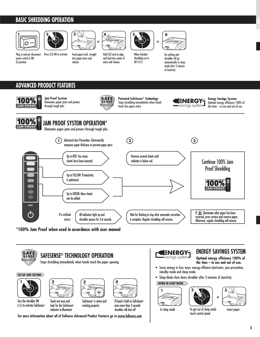 Fellowes 325Ci manual Basic Shredding Operation, JAM Proof System Operation, Energy Savings System 