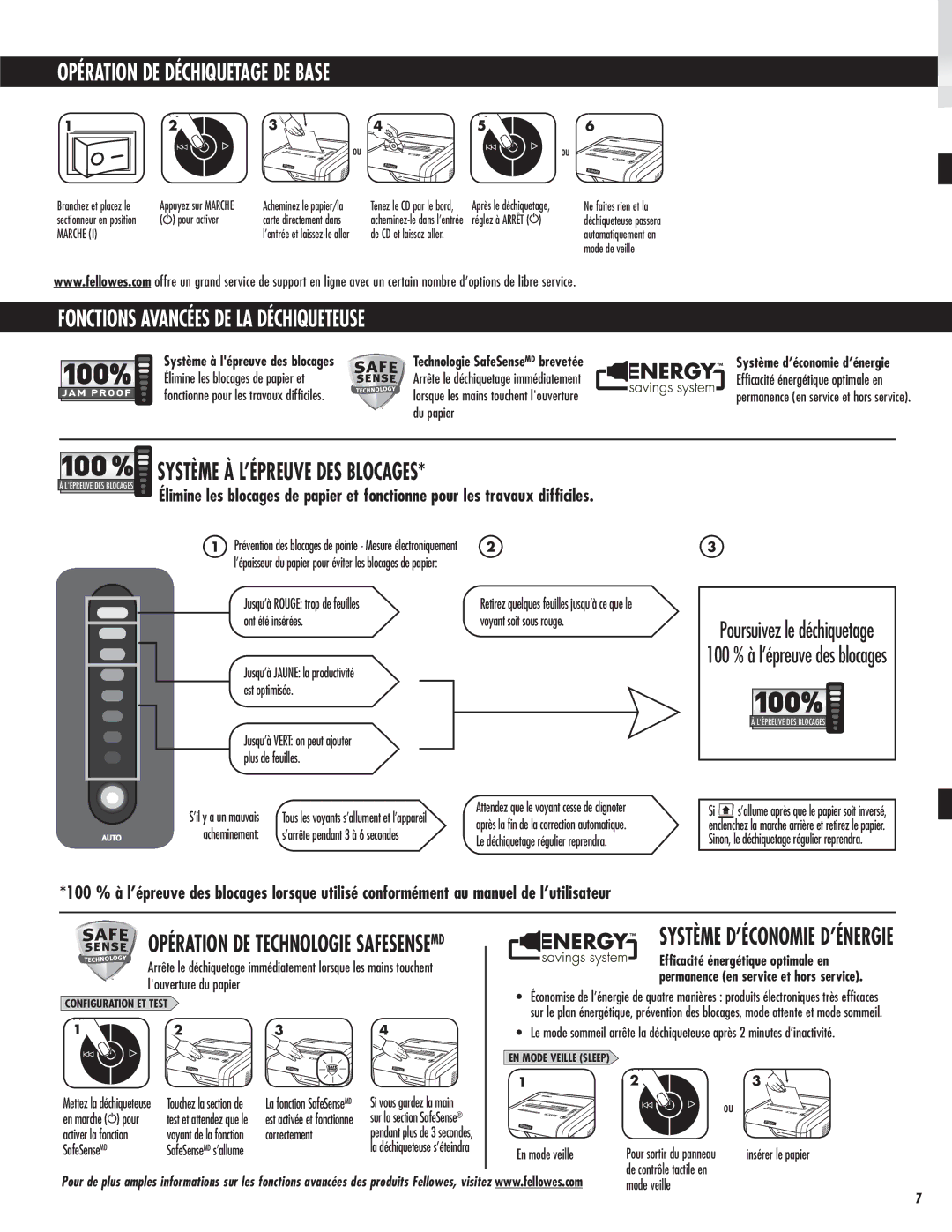 Fellowes 325Ci Opération DE Déchiquetage DE Base, Fonctions Avancées DE LA Déchiqueteuse, Système À L’ÉPREUVE DES Blocages 