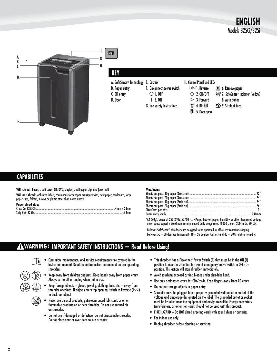 Fellowes 325i, 325Ci manual Key, Capabilities, Paper shred size, Maximum 