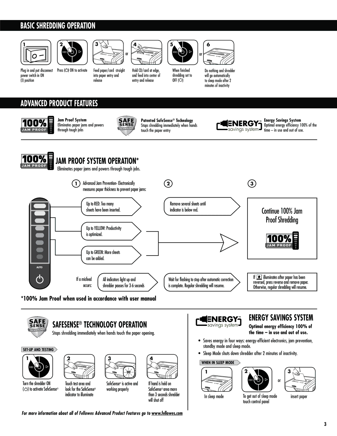 Fellowes 325Ci Basic Shredding Operation, Advanced Product Features, JAM Proof System Operation, Energy Savings System 