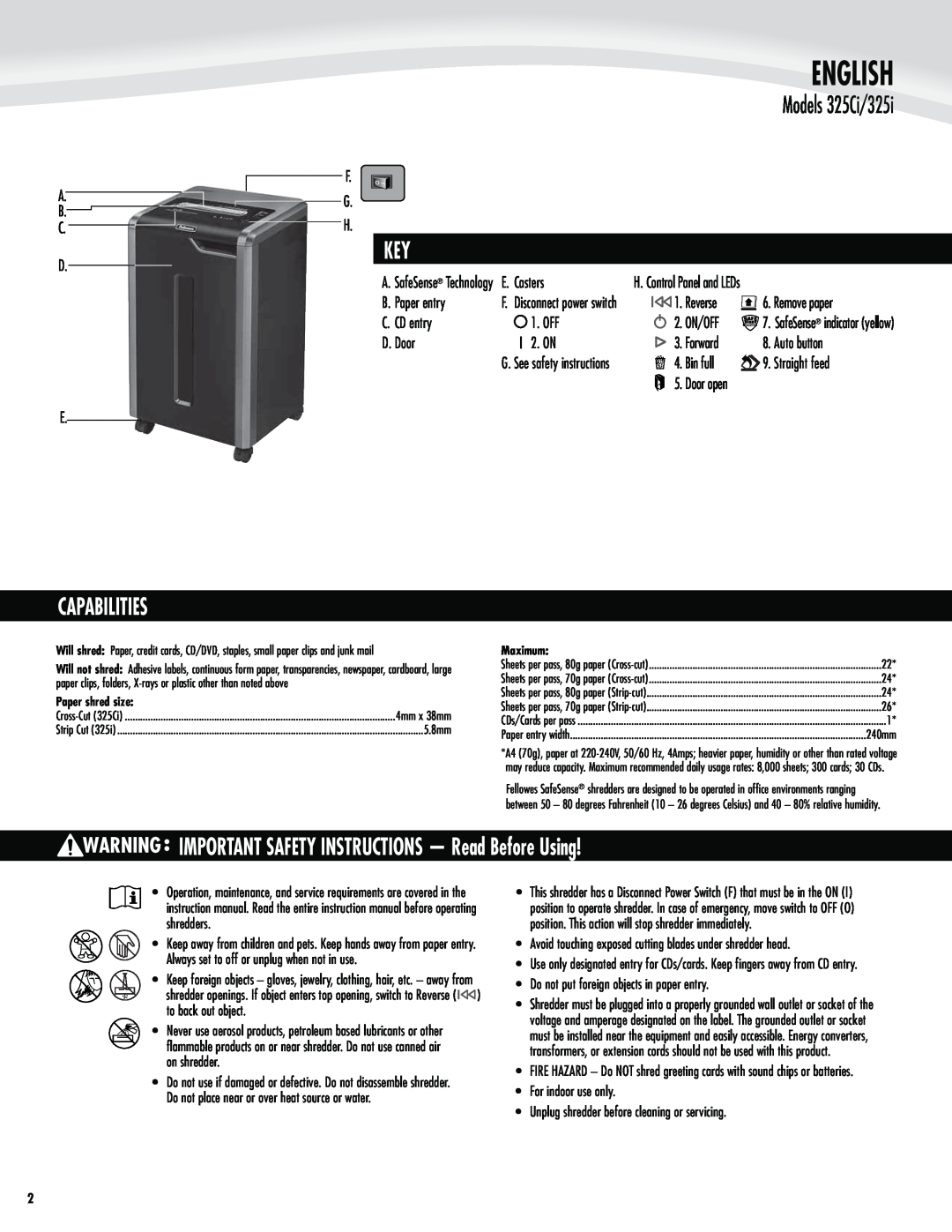 Fellowes manual English, Capabilities, IMPORTANT SAFETY INSTRUCTIONS - Read Before Using, Models 325Ci/325i 