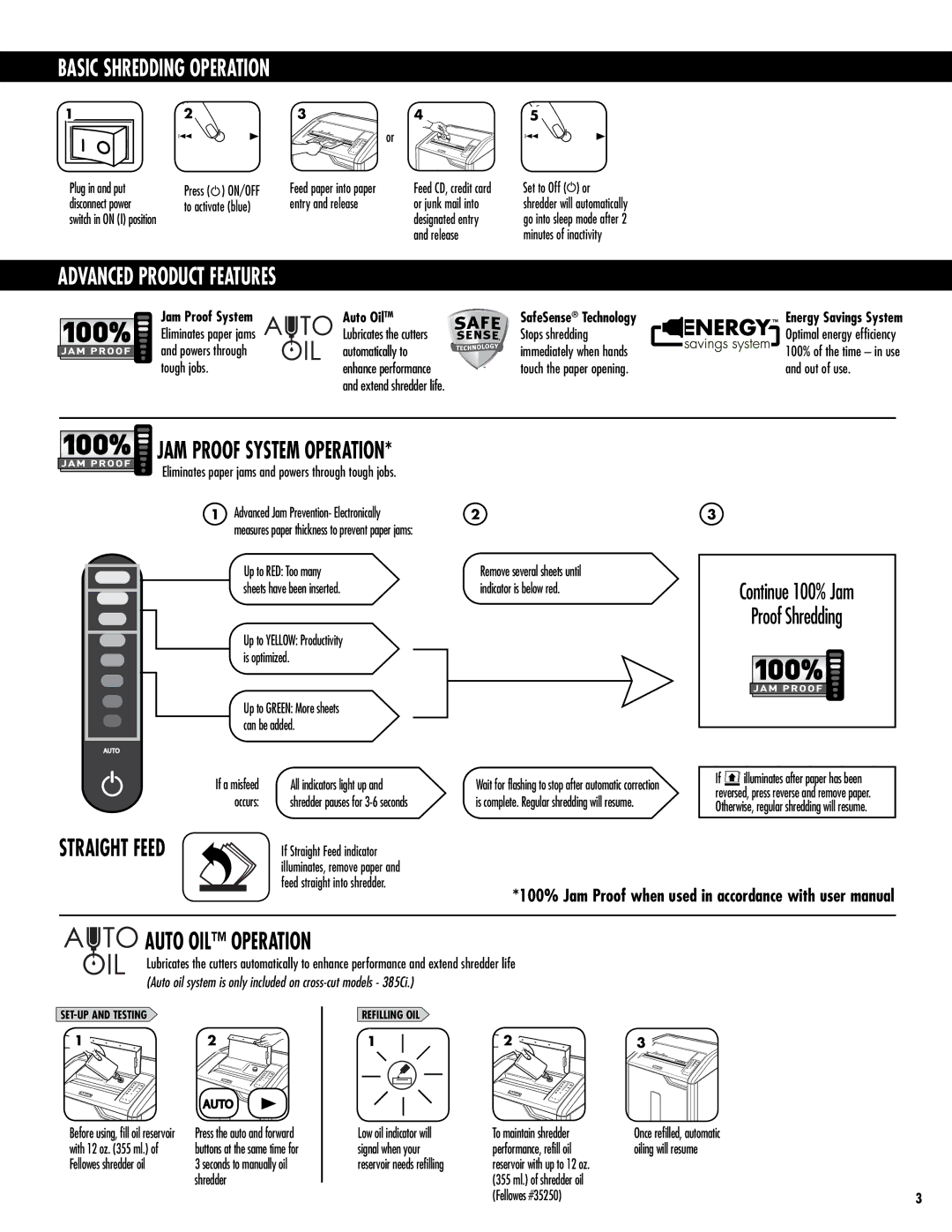Fellowes 385i, 385Ci manual Basic Shredding Operation, Auto OIL Operation, JAM Proof System Operation 
