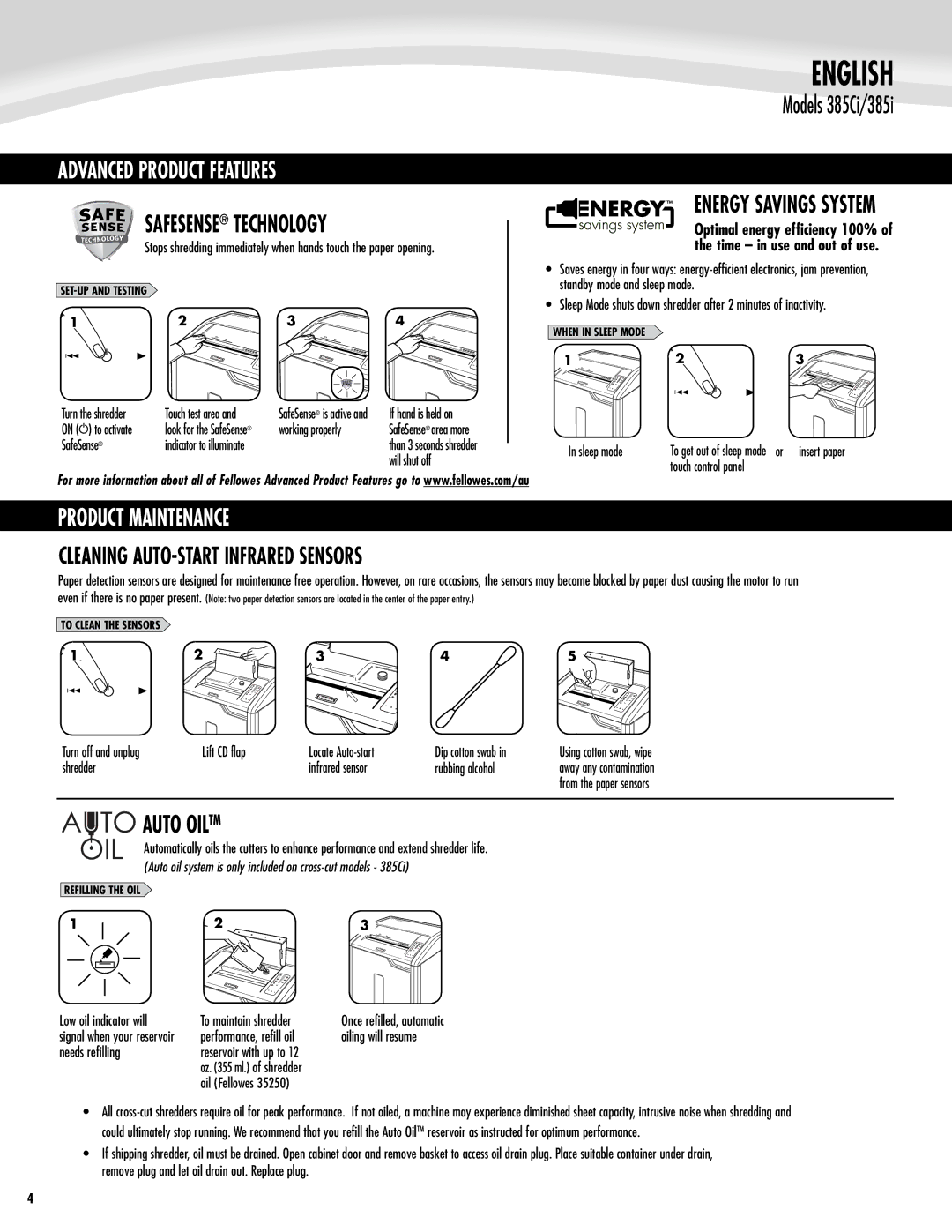 Fellowes 385Ci, 385i manual Safesense Technology, Product Maintenance, Auto Oiltm, Energy Savings System 