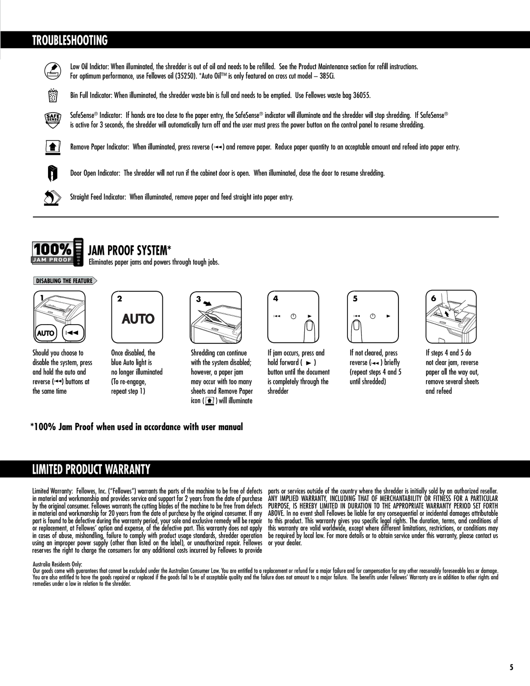 Fellowes 385i, 385Ci manual Troubleshootingp Eventive Maintenance & Accessories, JAM Proof System, Limited Product Warranty 