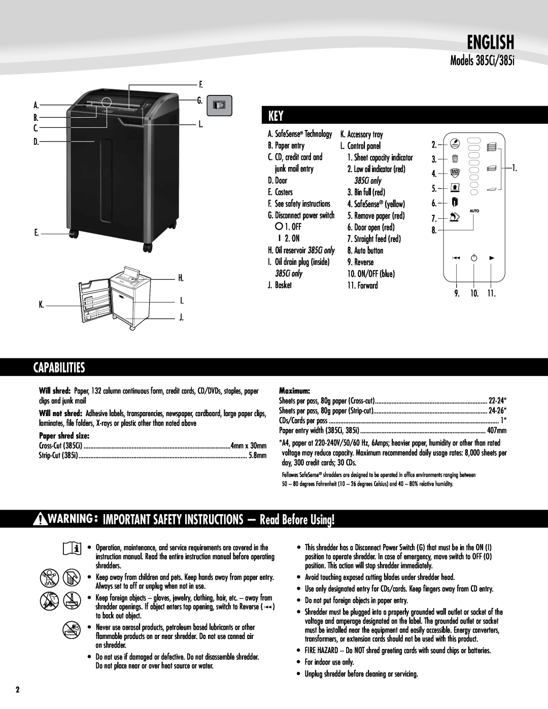 Fellowes manual English, Capabilities, IMPORTANT SAFETY INSTRUCTIONS - Read Before Using, Models 385Ci/385i, 385Ci only 