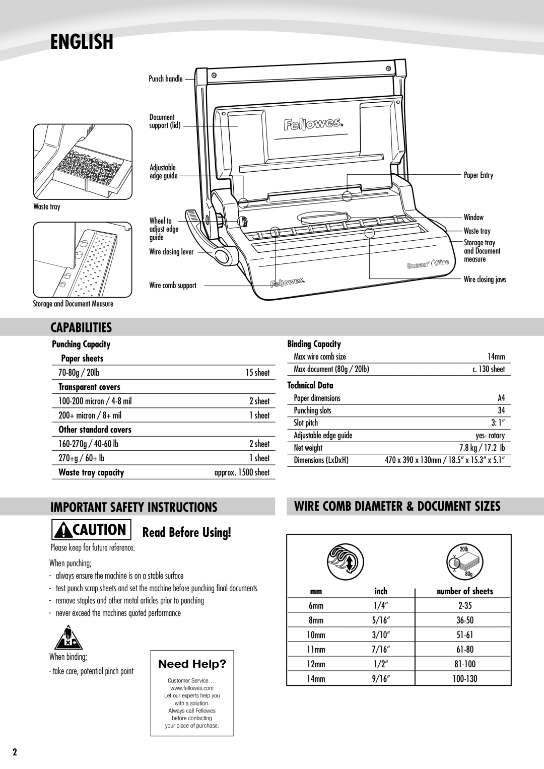 Fellowes 403054 Capabilities, IMPORTANT SAFETY INSTRUCTIONS Read Before Using, Wire Comb Diameter & Document Sizes, inch 