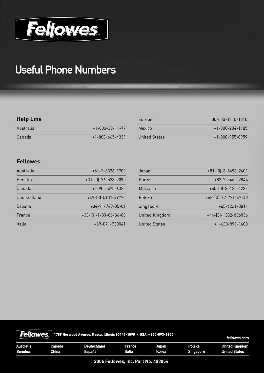 Fellowes 403054 manual Useful Phone Numbers 