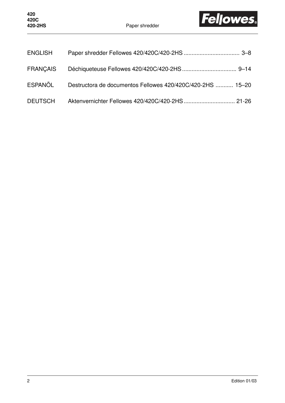 Fellowes manual 420 420C 420-2HS Paper shredder 