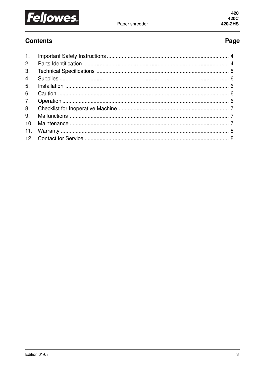Fellowes 420-2HS, 420C manual Contents 