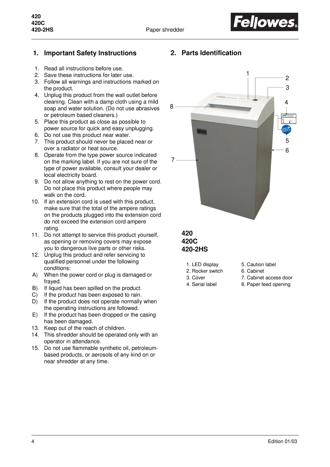 Fellowes manual Important Safety Instructions, Parts Identification, 420 420C 420-2HS 