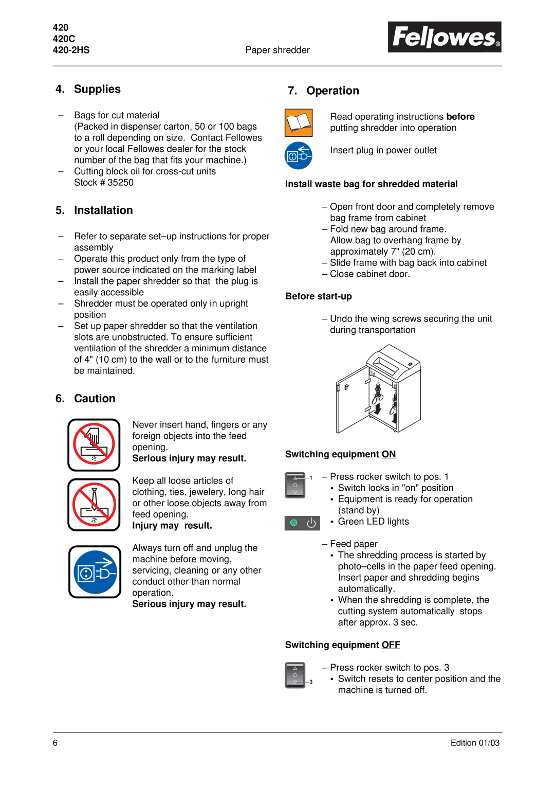 Fellowes 420-2HS, 420C manual Supplies Operation, Installation 