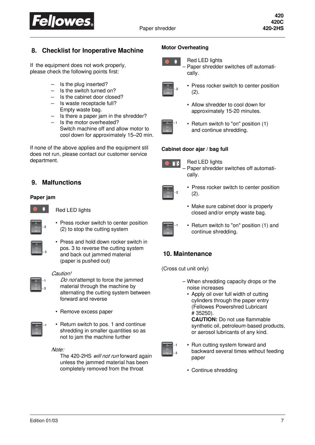 Fellowes 420 Checklist for Inoperative Machine, Malfunctions, Maintenance, Motor Overheating, Cabinet door ajar / bag full 