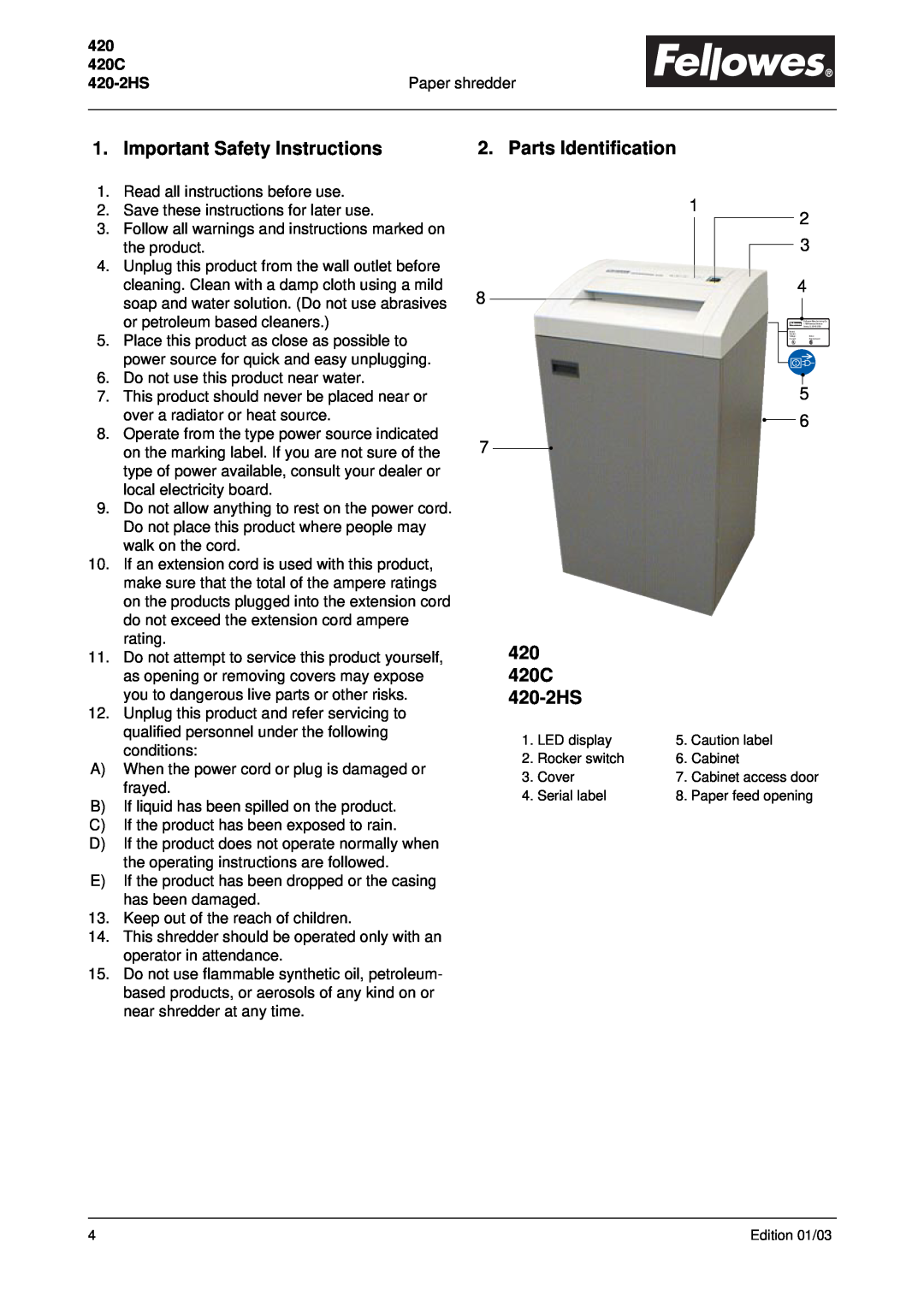 Fellowes manual Important Safety Instructions, Parts Identification, 420 420C 420-2HS 