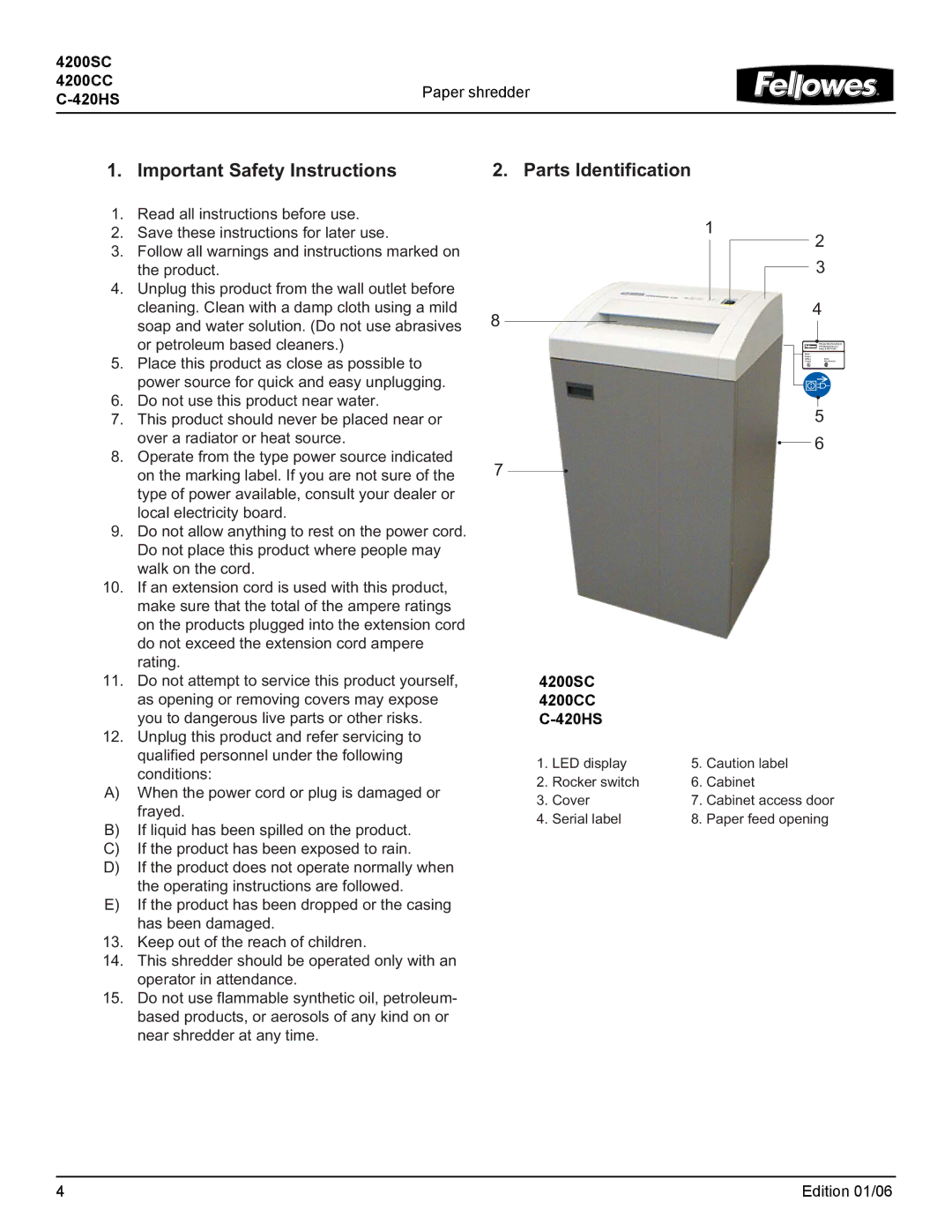 Fellowes 4200CC, 4200SC operating instructions Important Safety Instructions, Parts Identification 