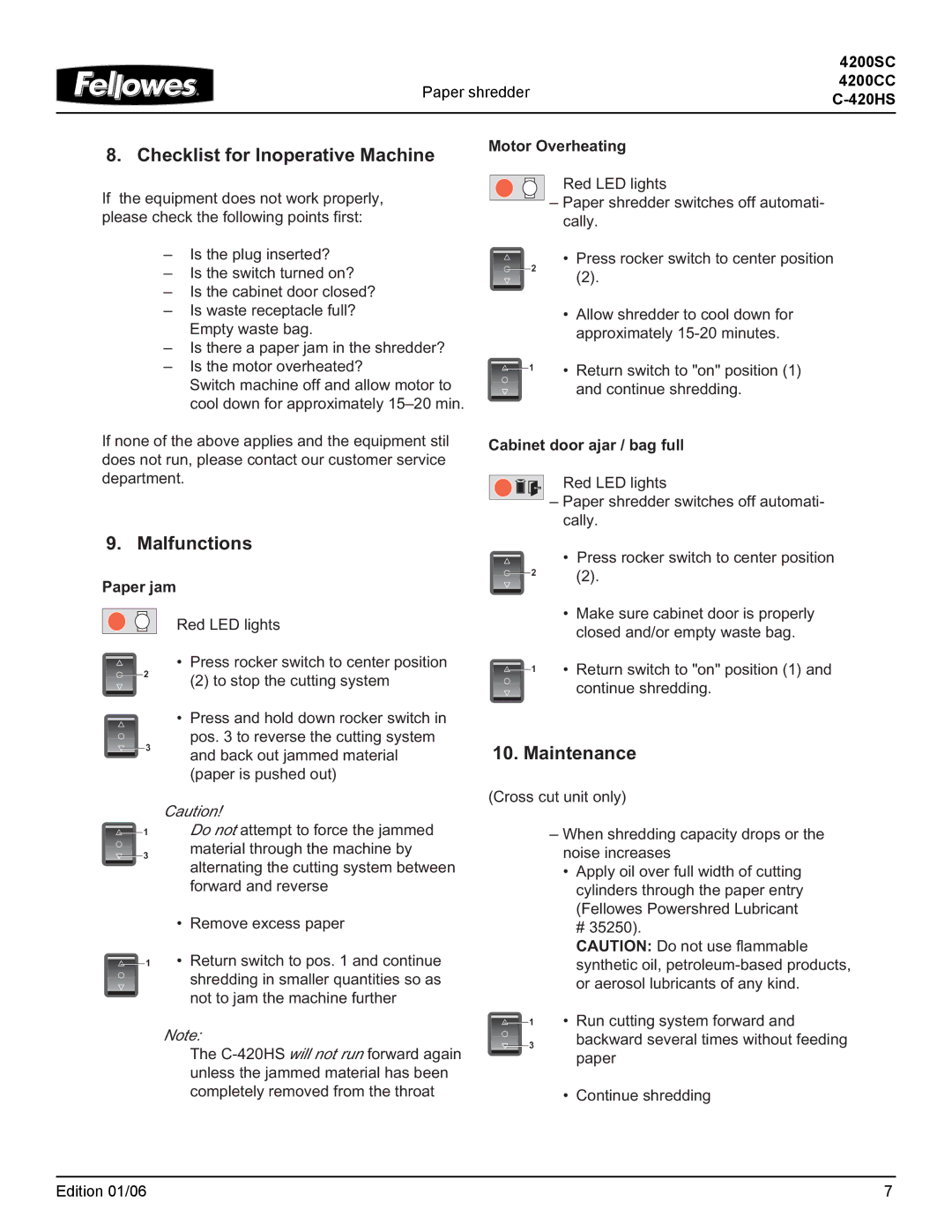 Fellowes 4200SC, 4200CC operating instructions Checklist for Inoperative Machine, Malfunctions, Maintenance 