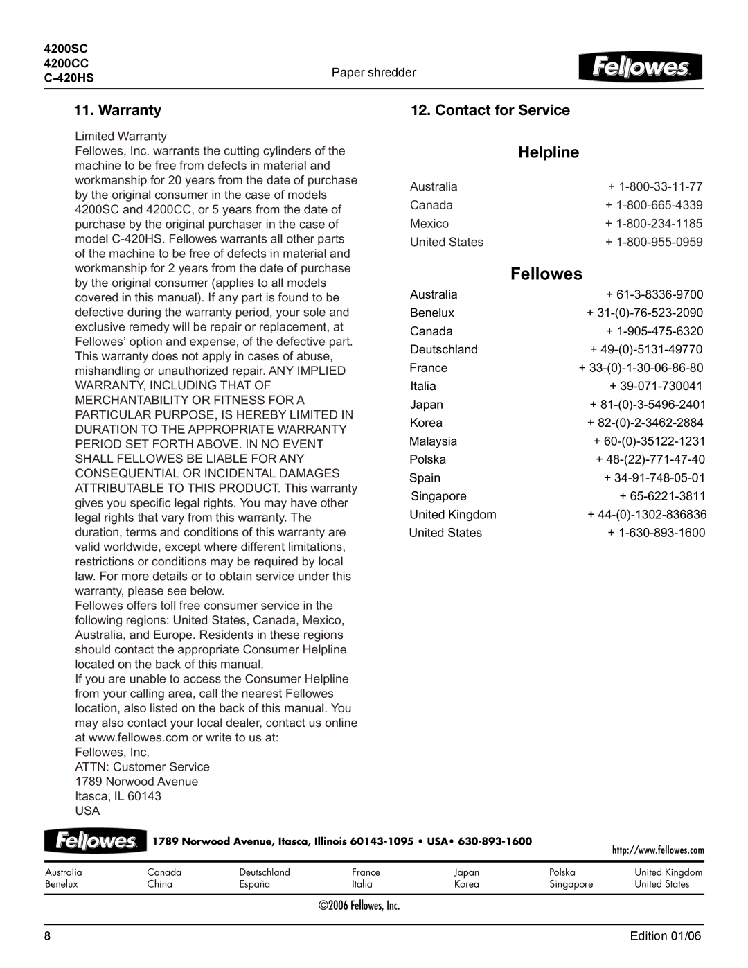 Fellowes 4200CC, 4200SC operating instructions Fellowes 