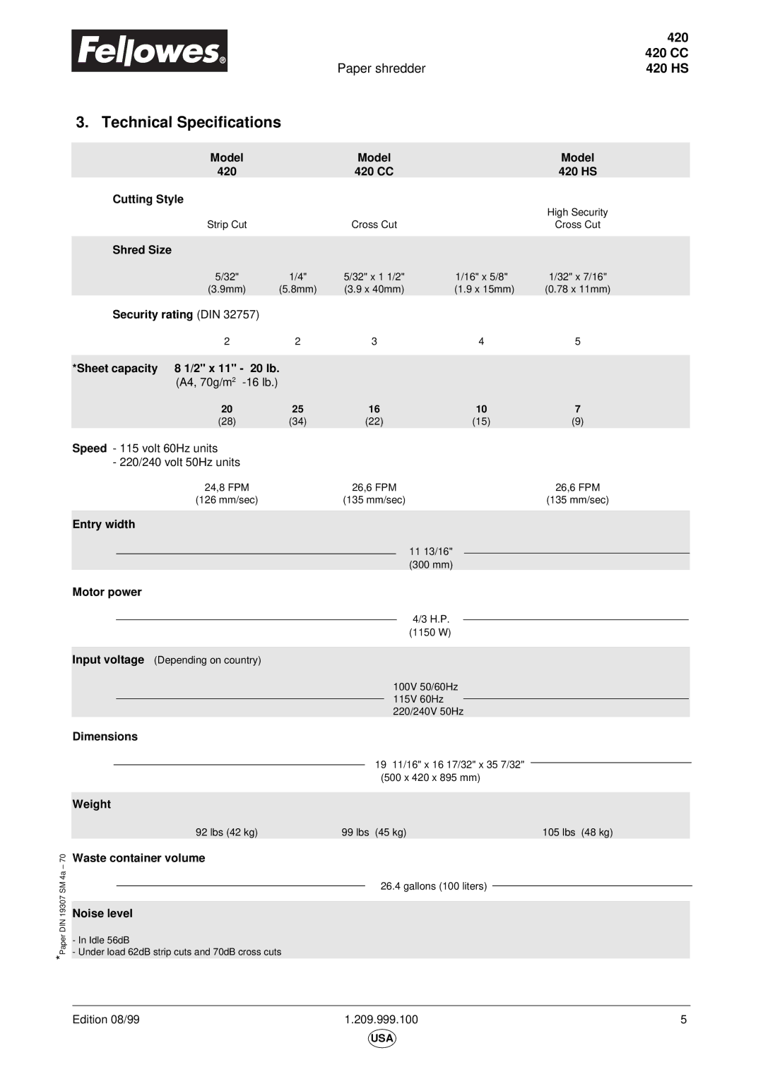 Fellowes 420CC, 420HS manual Technical Specifications, Paper shredder 420 HS 