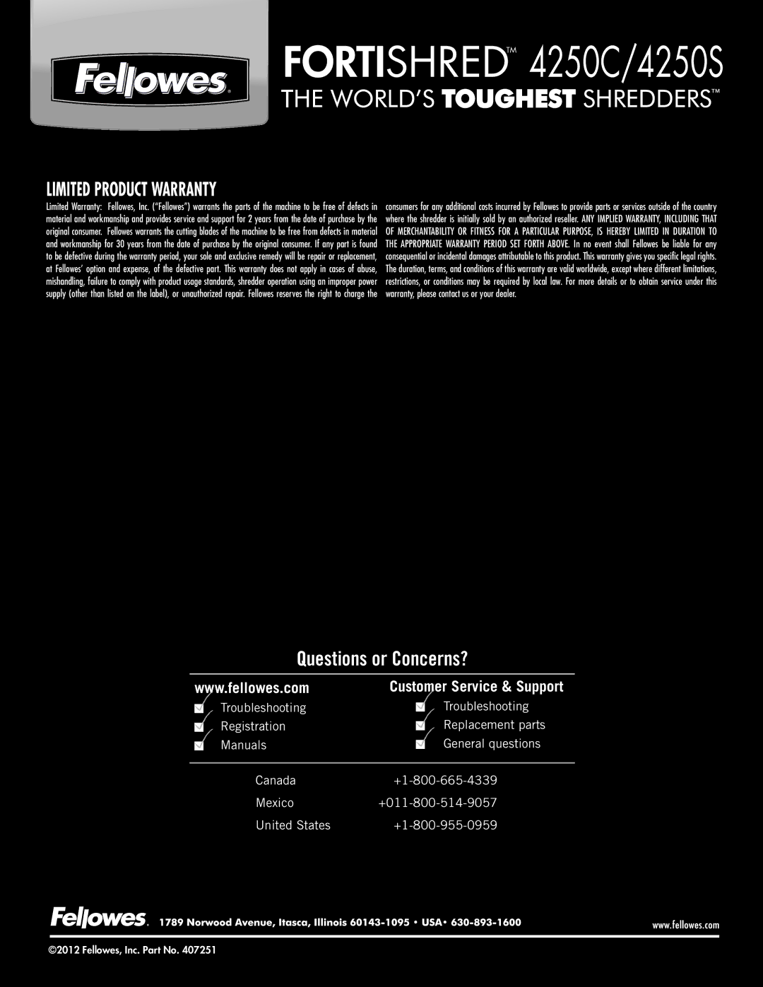 Fellowes manual Fortishredtm 4250C/4250S, Limited Product Warranty 