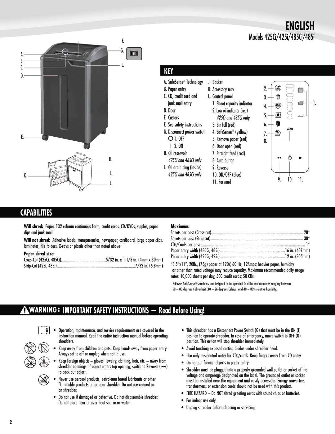 Fellowes 485Ci, 425Ci, 425i, 485i manual English, Key, Capabilities, Paper shred size, Maximum 