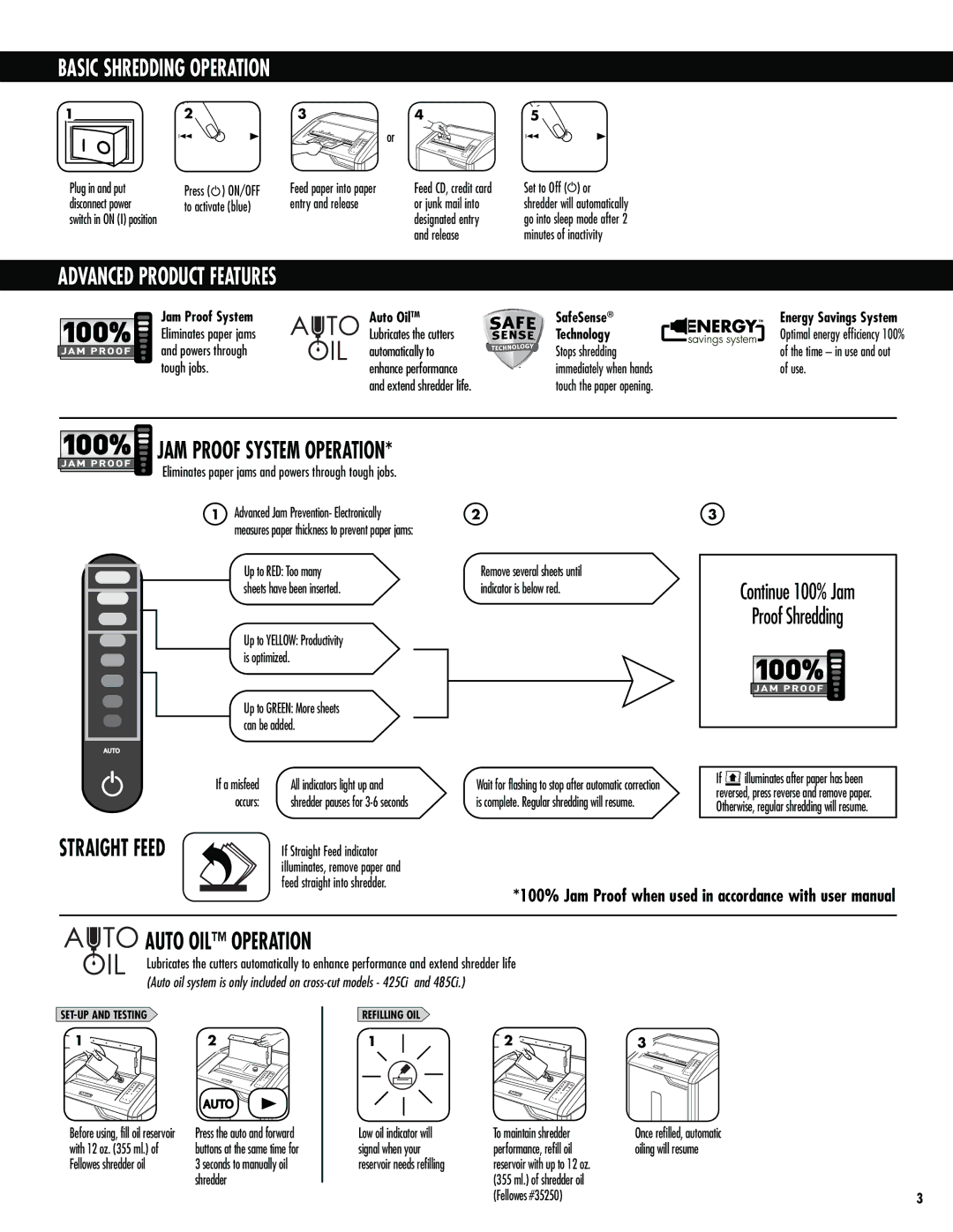 Fellowes 485i, 425Ci, 425i, 485Ci Basic Shredding Operation, Auto OIL Operation, JAM Proof System Operation, Straight Feed 