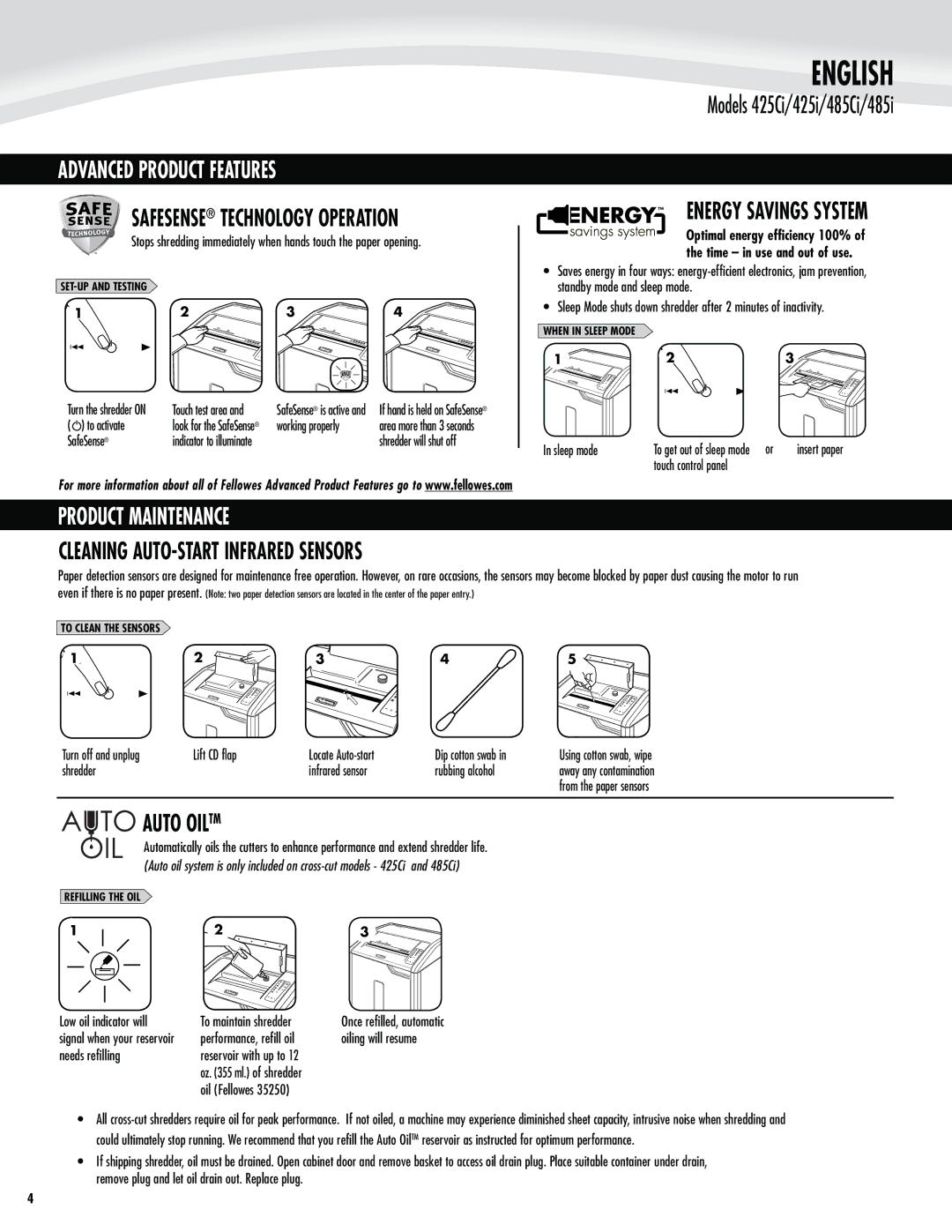 Fellowes 425Ci, 425i, 485i Advanced Product Features, Product Maintenance, Cleaning AUTO-START Infrared Sensors, Auto Oiltm 