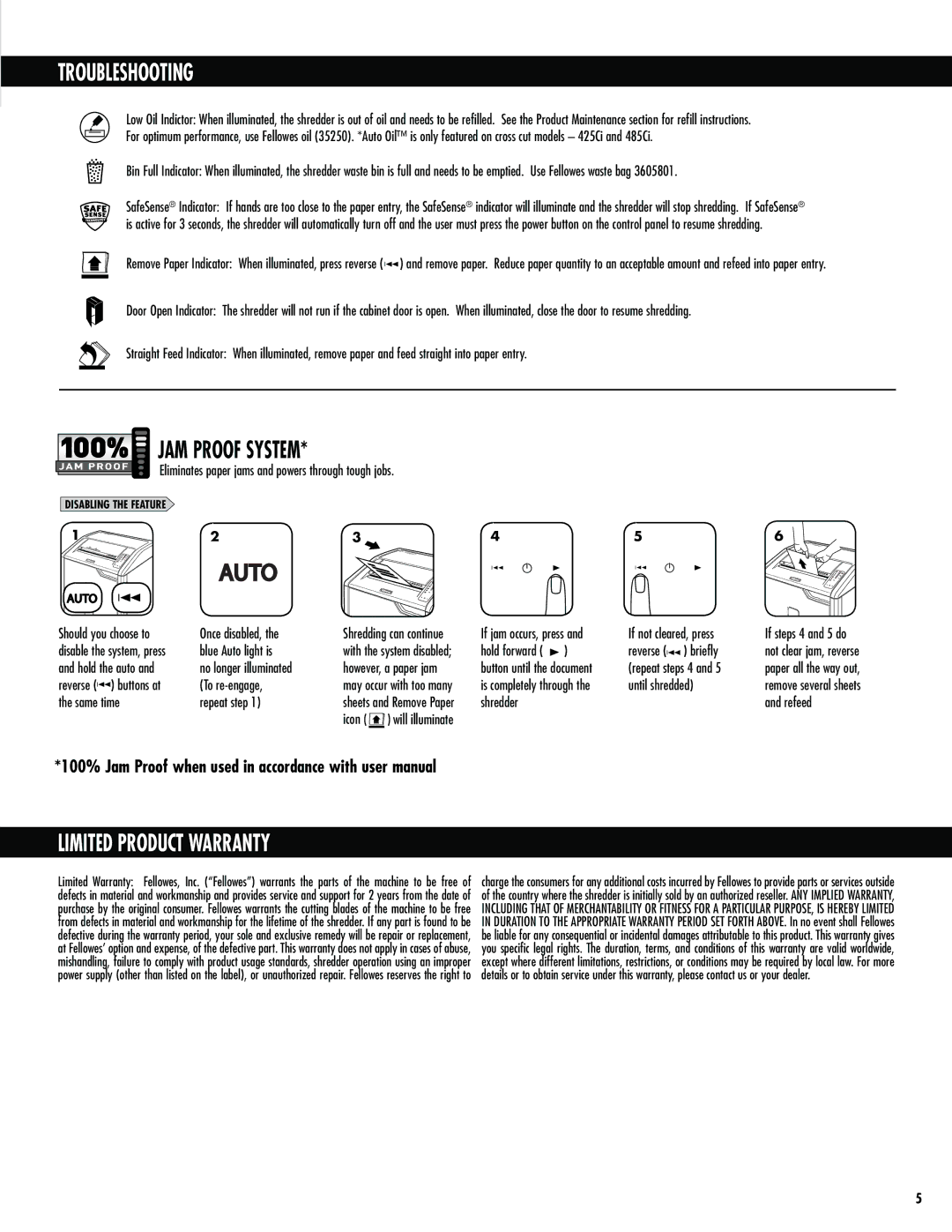 Fellowes 425i, 425Ci, 485Ci Troubleshootingp Eventive Maintenance & Accessories, JAM Proof System, Limited Product Warranty 
