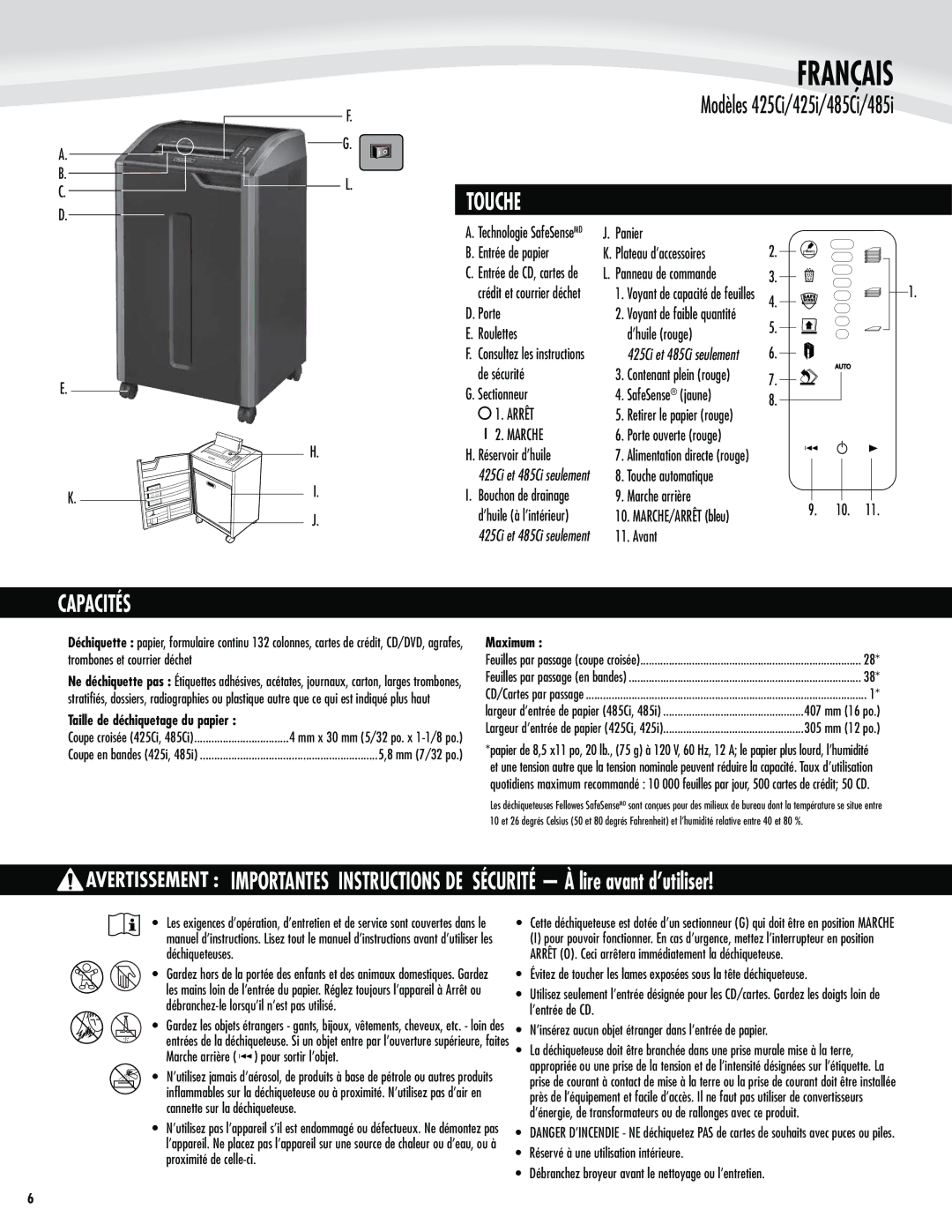 Fellowes 485Ci, 425Ci, 425i, 485i manual Français, Touche, Capacités, Taille de déchiquetage du papier 