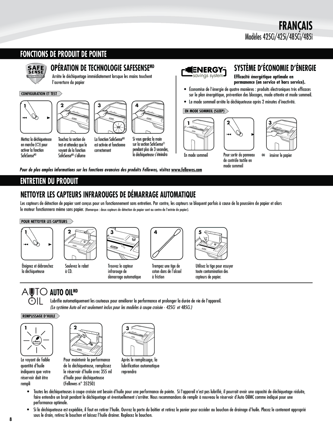 Fellowes 425Ci, 425i, 485Ci, 485i Opération DE Technologie Safesensemd, Entretien DU Produit, IvjmfQpvsEïdijrvfufvtf 