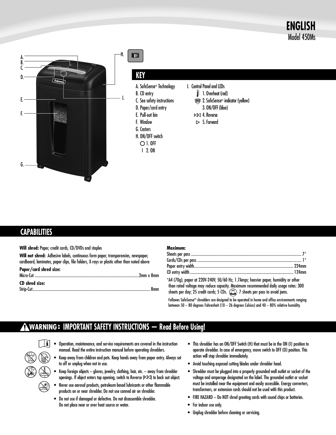 Fellowes 450Ms manual Key, Capabilities, IMPORTANT SAFETY INSTRUCTIONS Read Before Using 