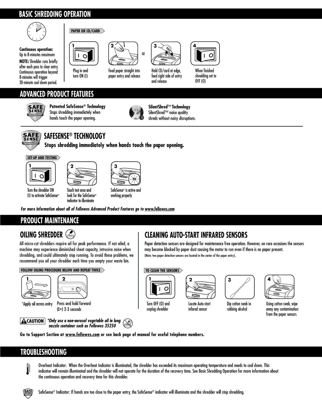 Fellowes 460Ms manual Basic Shredding Operation, Advanced Product Features, Product Maintenance, Troubleshooting 