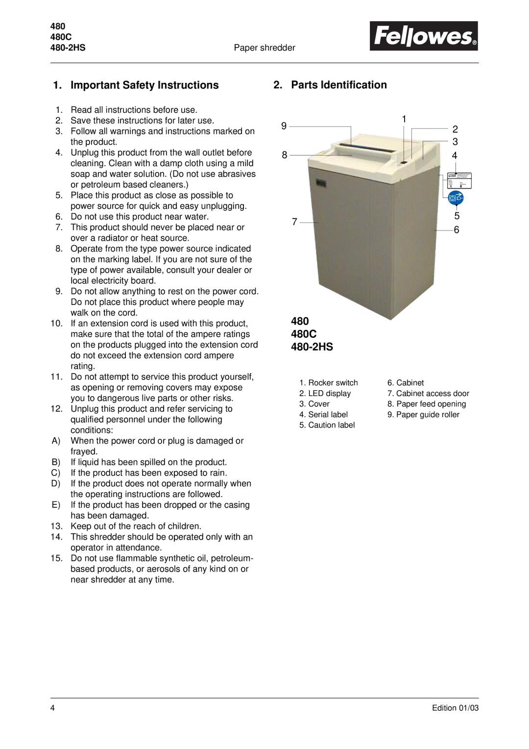 Fellowes C-480C, C-480HS manual Important Safety Instructions Parts Identification, 480 480C 480-2HS Paper shredder 