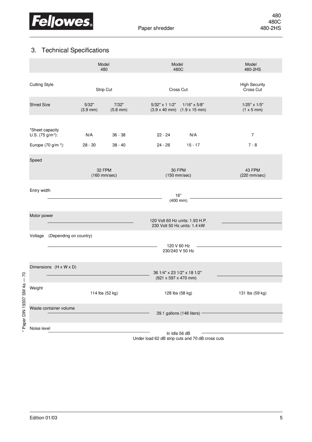 Fellowes C-480HS, C-480C manual Technical Specifications, Paper shredder 480-2HS 