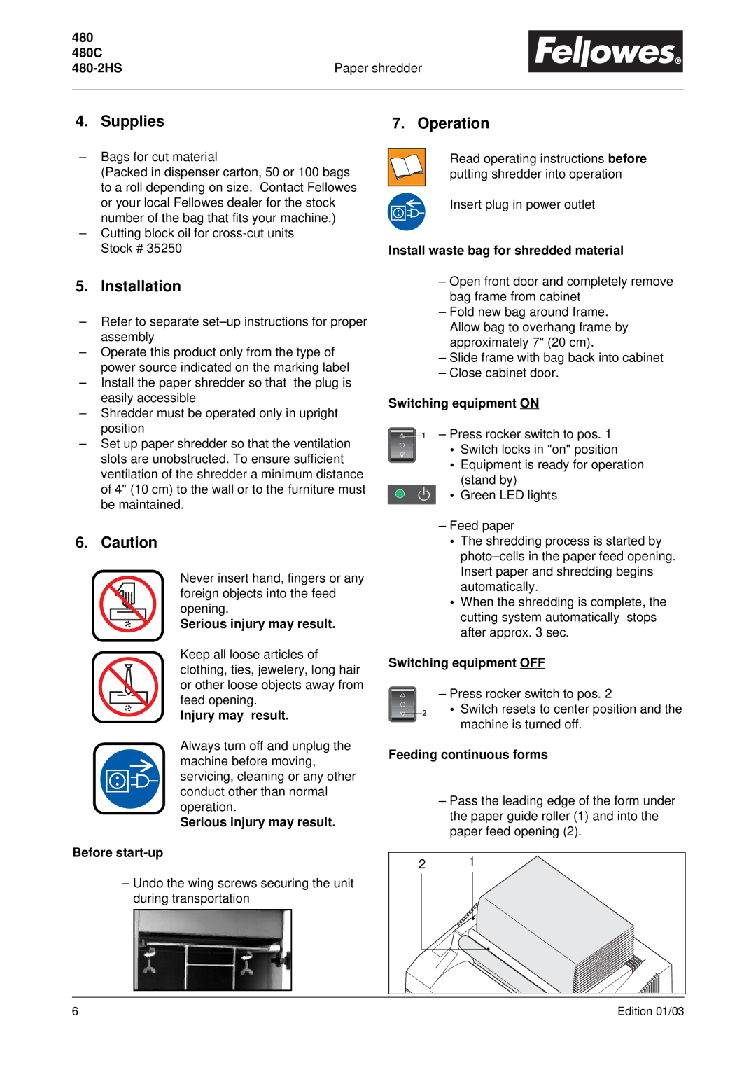 Fellowes 480-2HS, C-480HS, C-480C manual Supplies Operation, Installation 