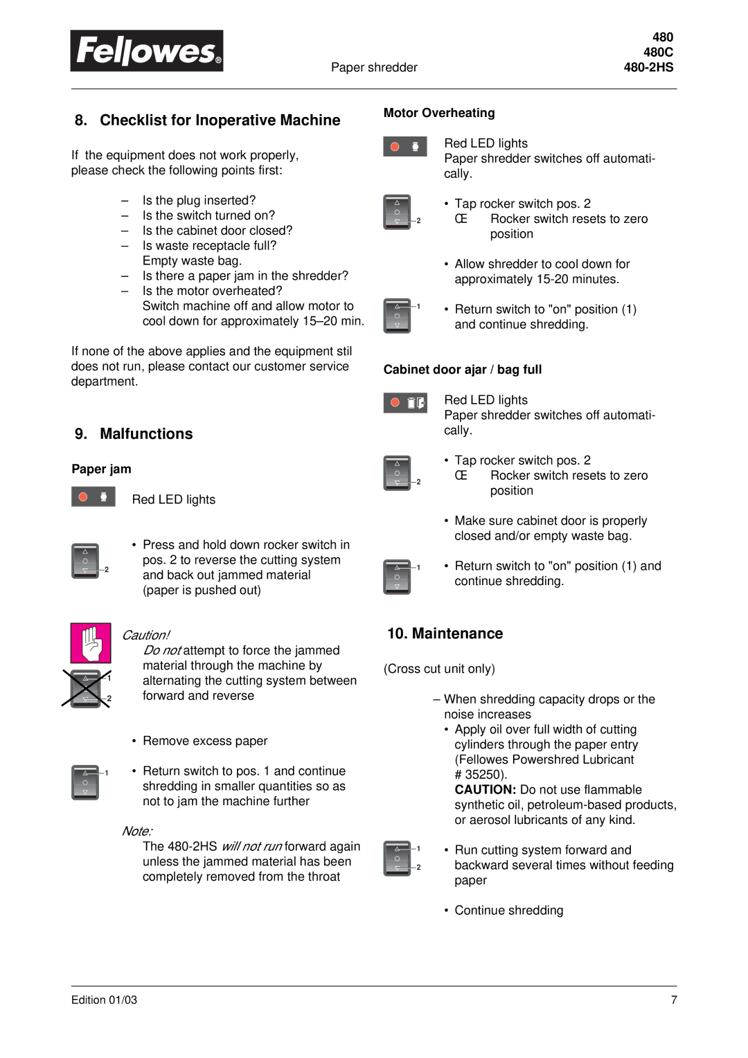 Fellowes 480-2HS, C-480HS, C-480C manual Checklist for Inoperative Machine, Malfunctions, Maintenance 