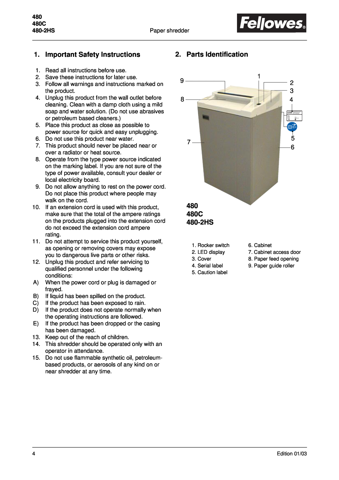 Fellowes C-480C, C-480HS manual Important Safety Instructions, Parts Identification, 480 480C 480-2HS 