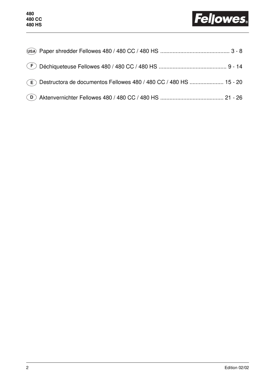 Fellowes operating instructions 480 480 CC 480 HS 