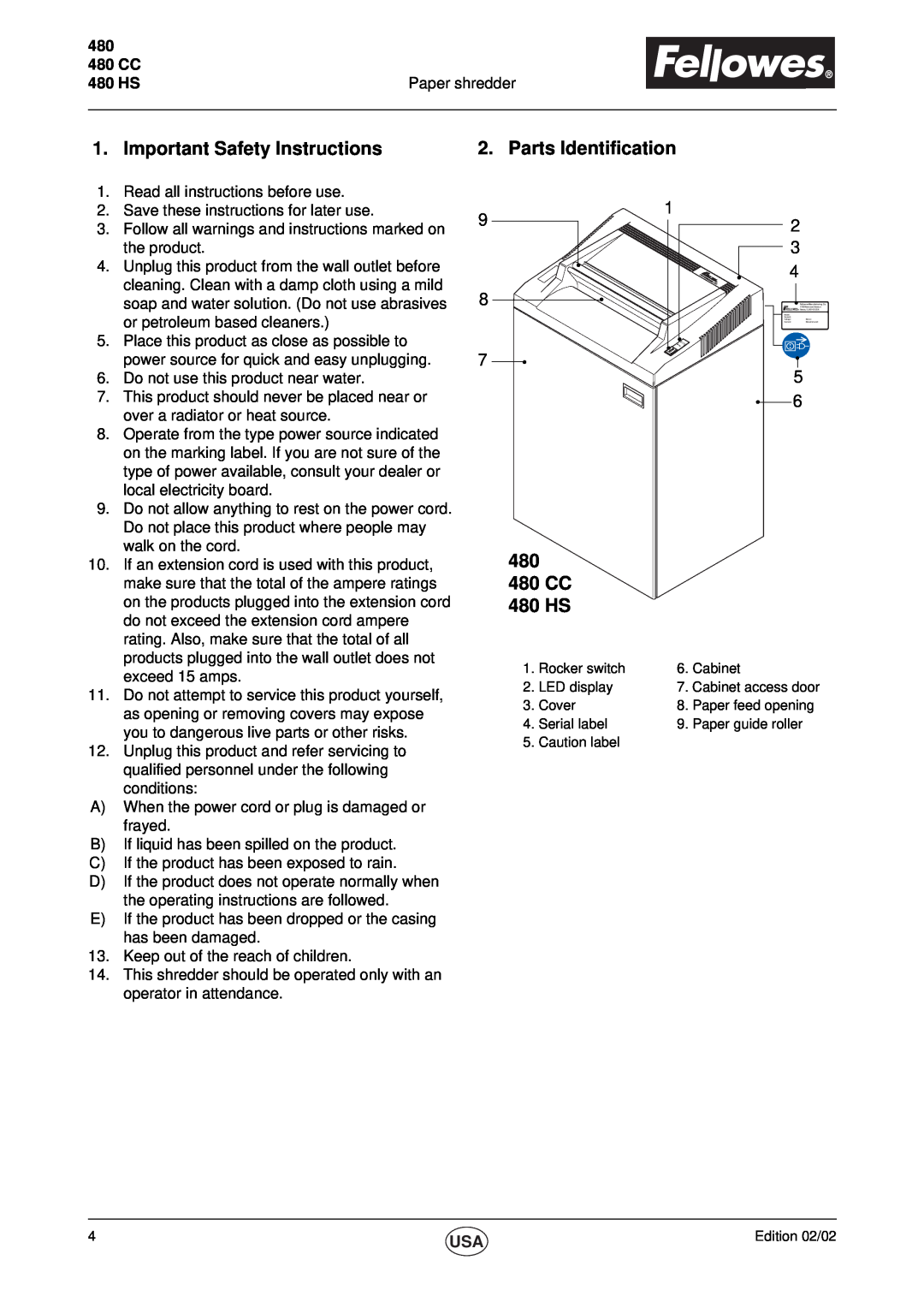 Fellowes 480 CC Important Safety Instructions, Parts Identification, 480 480CC 480HS, 480 HS, Paper shredder 