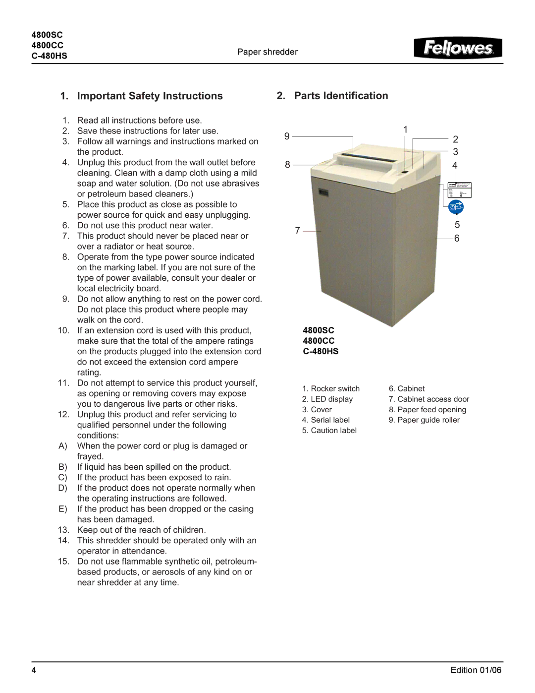 Fellowes manual Important Safety Instructions Parts Identification, 4800SC 4800CC C-480HS 