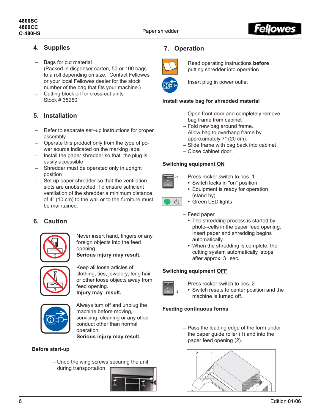 Fellowes 4800CC, 4800SC manual Supplies, Installation, Operation 