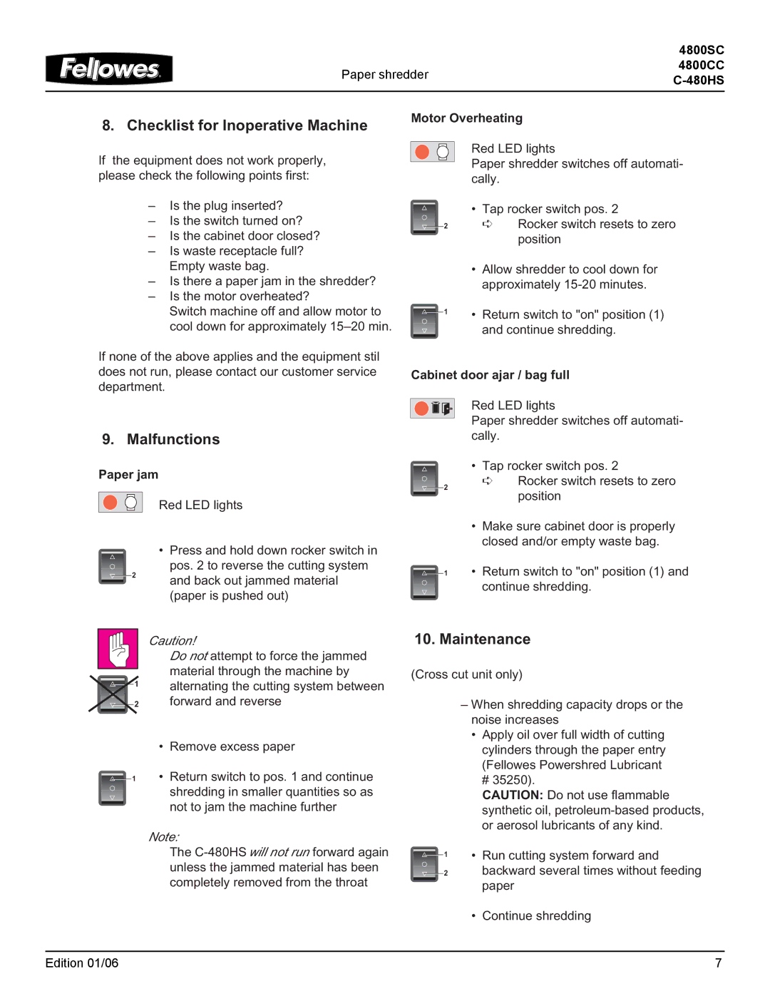 Fellowes 4800SC, 4800CC manual Checklist for Inoperative Machine, Malfunctions, Maintenance, Motor Overheating 